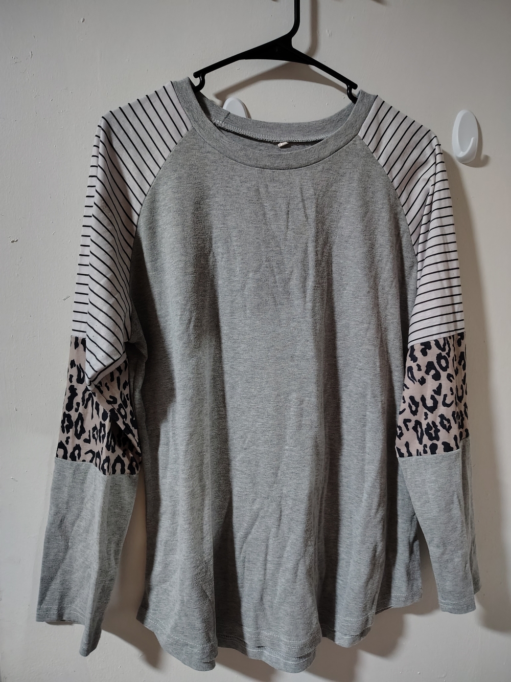Gray Long-Sleeve Raglan Top with Striped and Leopard Sleeves
